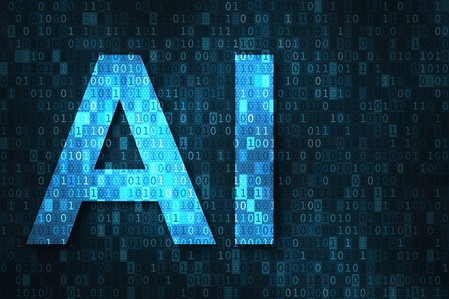 Stockfoto von NicoElNino zum Thema AI: Künstliche Intelligenz-Illustration mit blauem Text-KI auf binärem Code-Matrix-Hintergrund. Abstraktes Konzept der Cybertechnologie und der Automatisierung